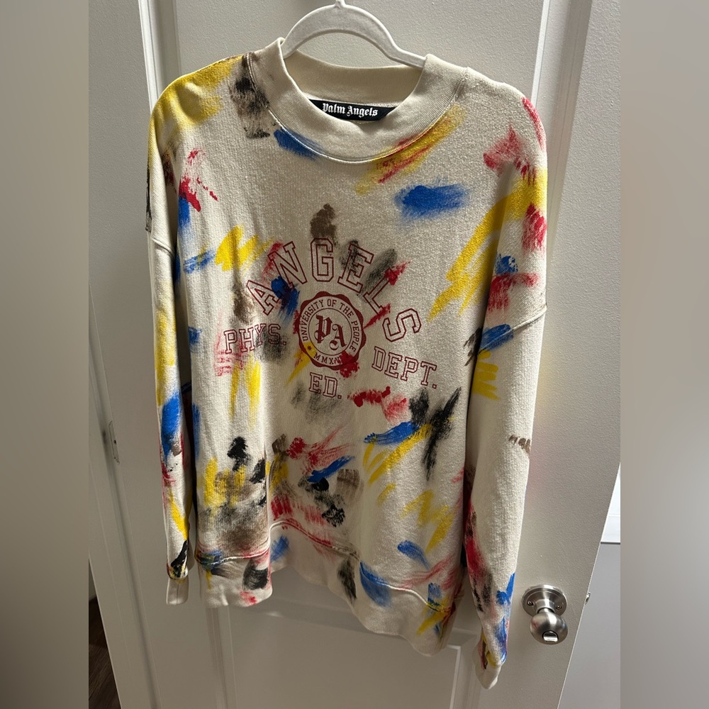 Palm Angels (Painted College Sweatshirt) in off-white/red.